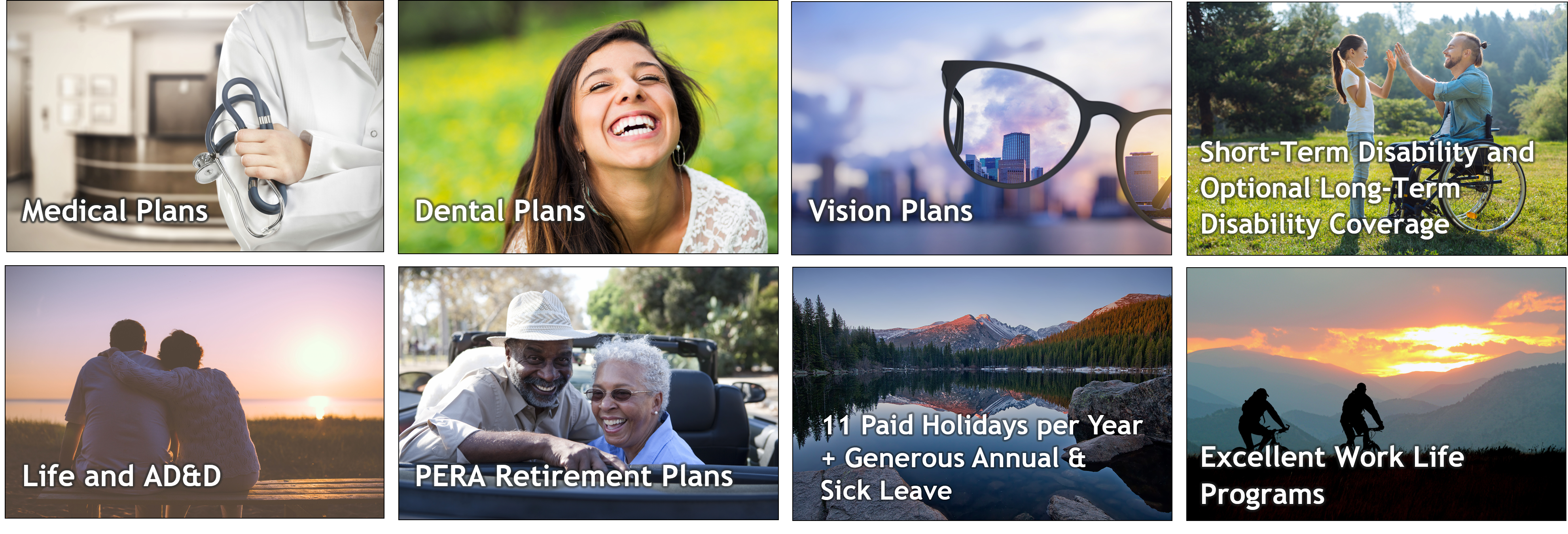 Medical plans. Dental plans. Vision plans. Short term disability and optional long term disability. Life and a d and d. Pera retirement plans. Eleven paid holidays. Generous annual and sick leave. Excellent work life programs